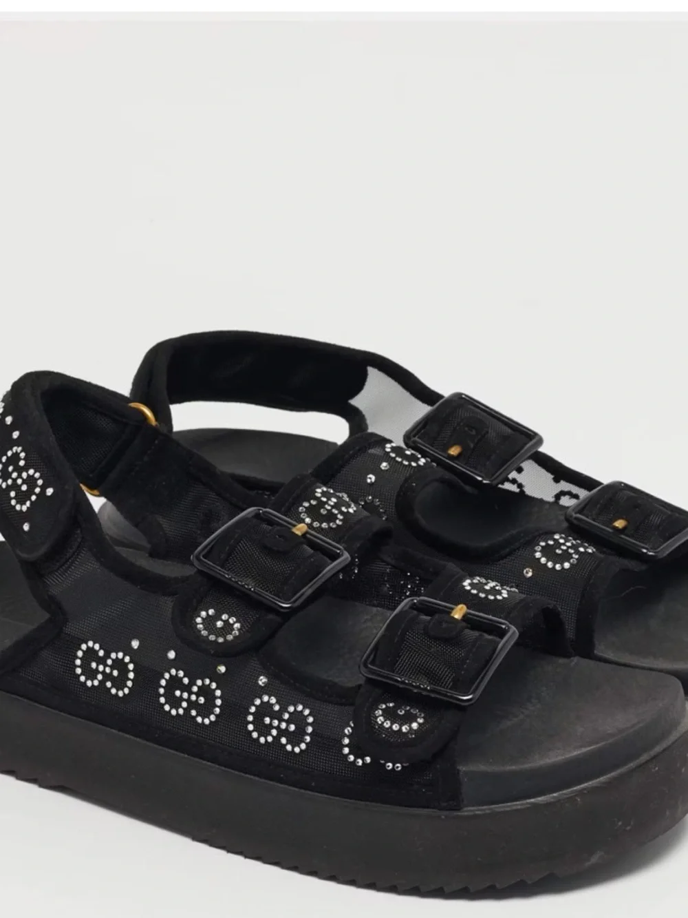 Gucci Black Mesh and Suede GG Crystal Embellished Platform Sandals 37 - Picture 4 of 6